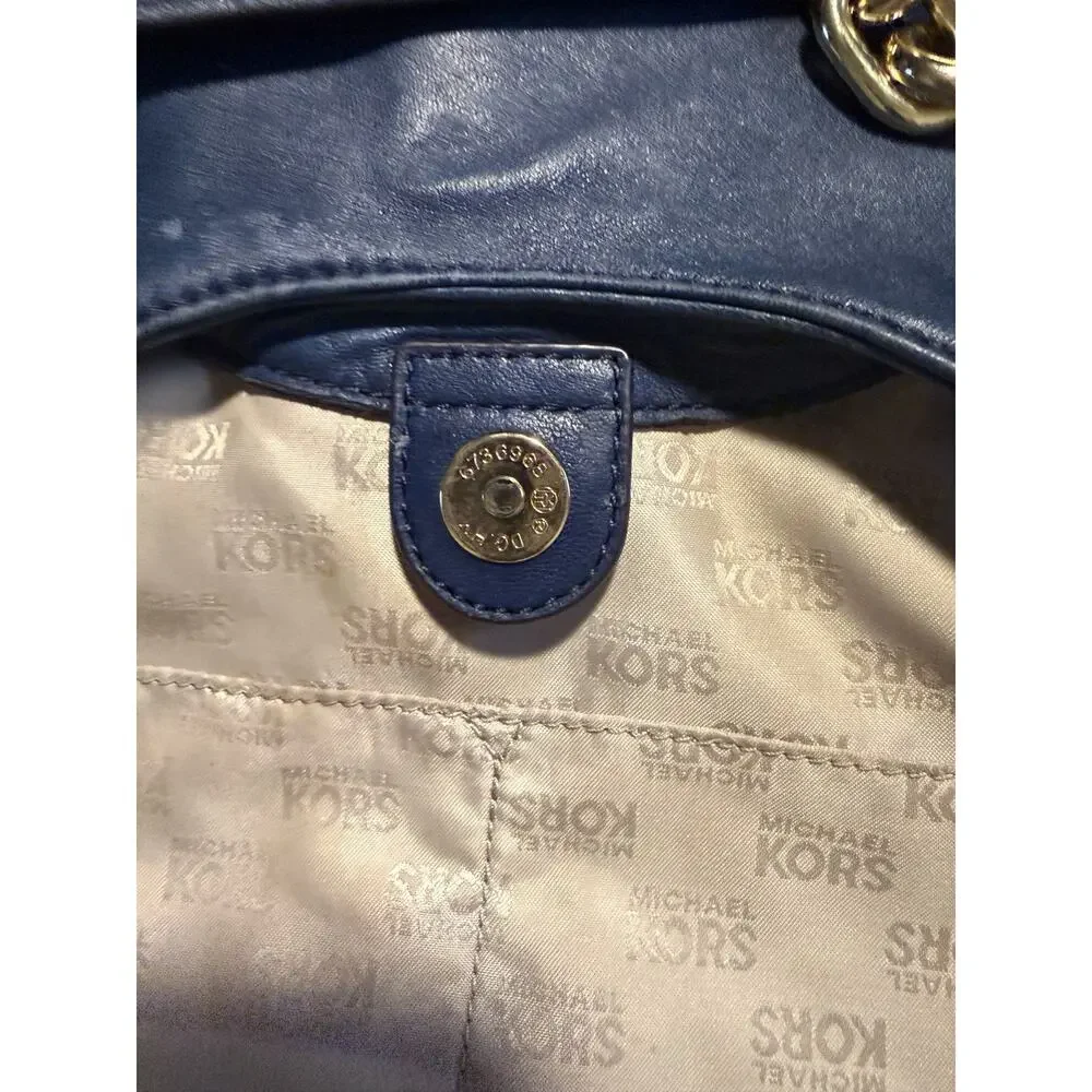 Michael Kors Fulton Large Navy Blue Pebbled Leather Hobo Shoulder Bag Gold